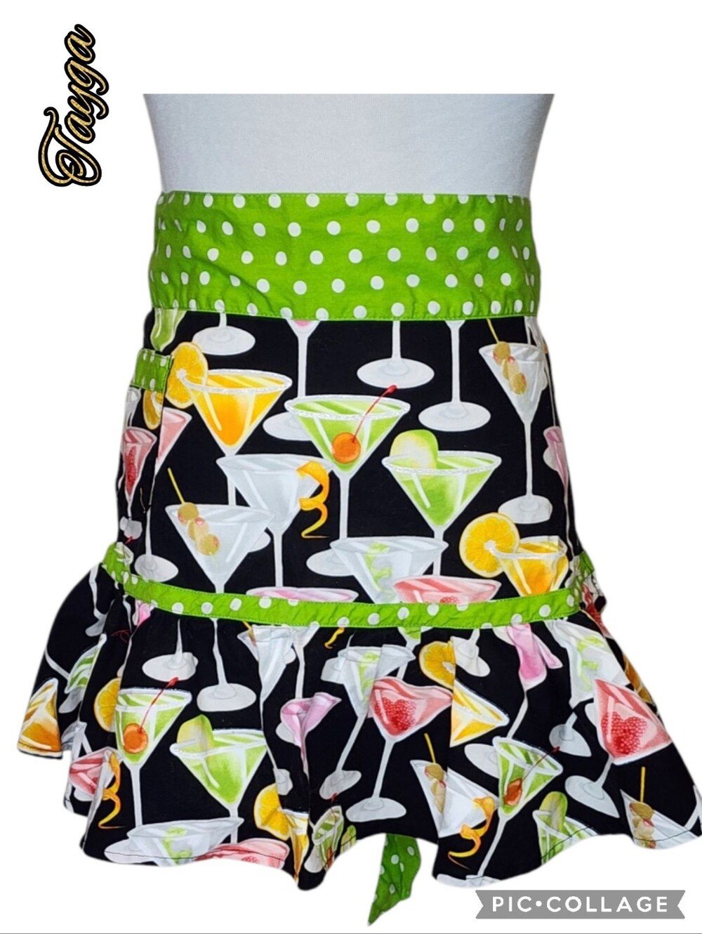 Tayga cocktail apron black colorful drink design, back tie, pocket, polka dots